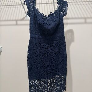 Chi Chi London Off the Shoulder Navy Lace Midi Dress
